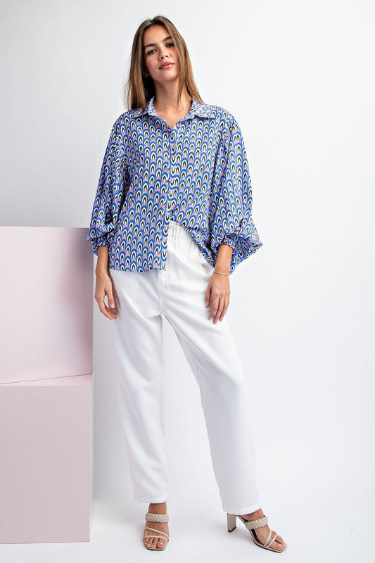 PRINTED BUBBLE SLEEVE BLOUSE TOP