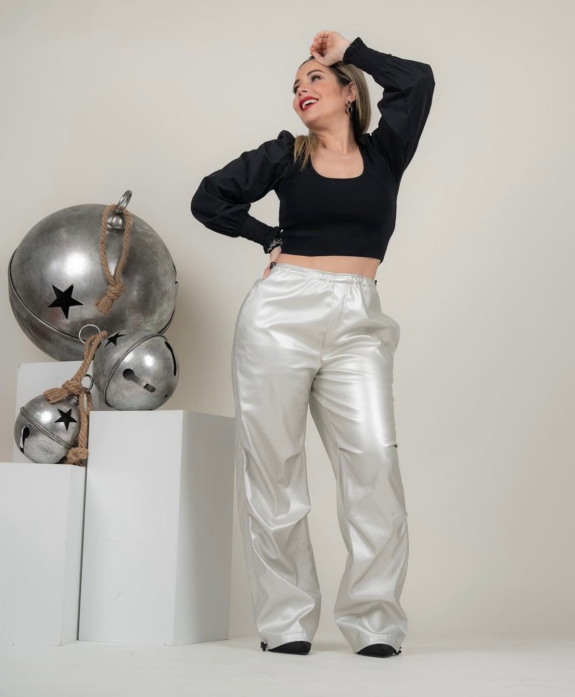 SILVER LEATHER WAIST BAND ADJUSTABLE PANT W/POCKET