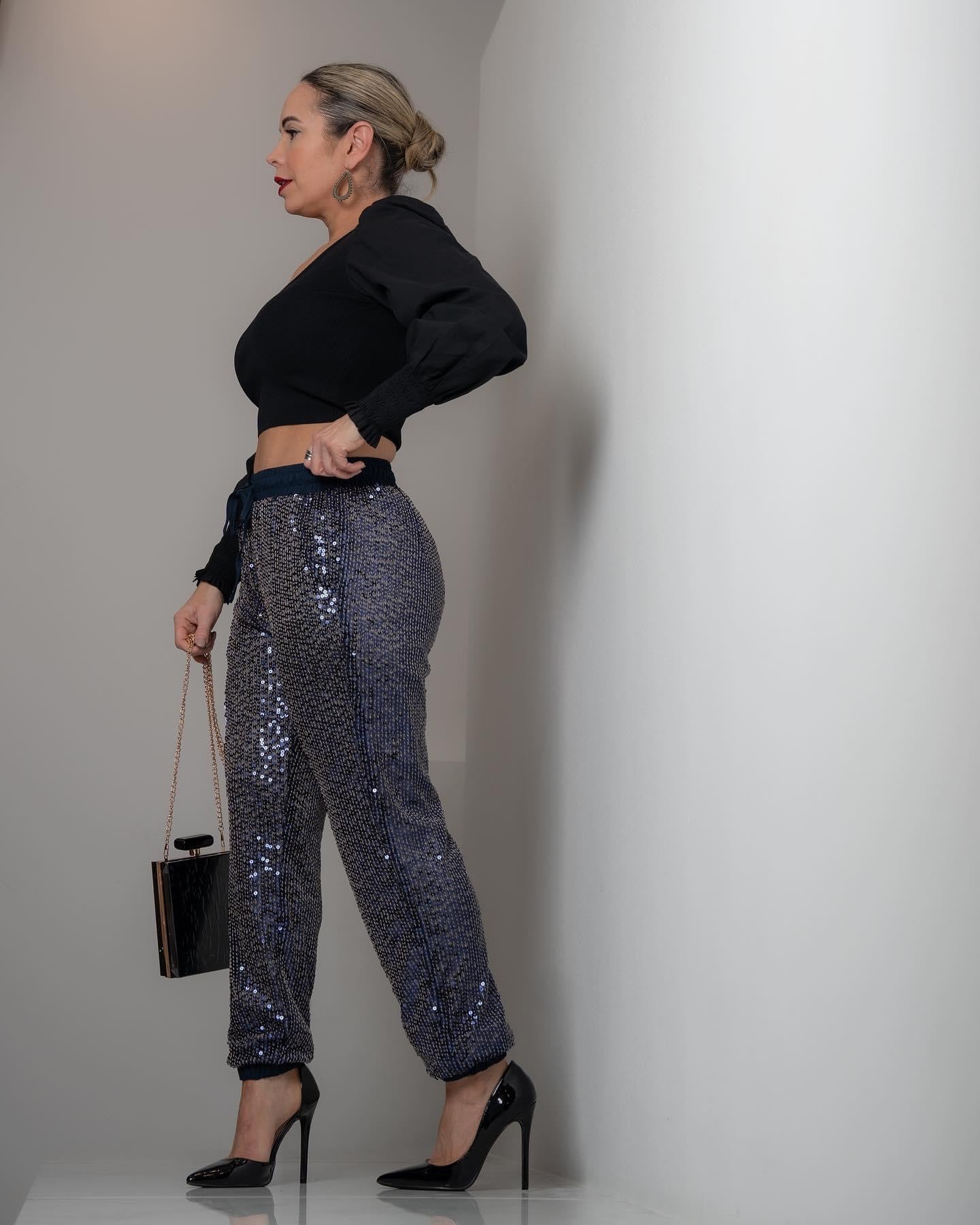 NAVY SEQUINS JOGGER PANTS WITH POCKETS